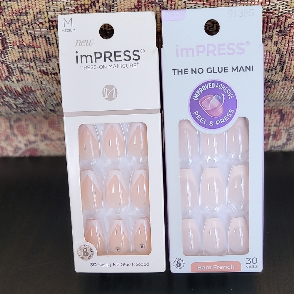 2pc imPRESS Press On Nails Medium Length French Rhinestone New In Box - Picture 1 of 5